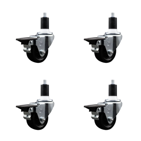 3 Inch Hard Rubber Swivel 1-1/2 Inch Expanding Stem Caster Set with Brake SCC