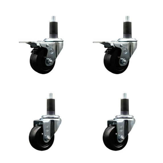 3 Inch Hard Rubber Swivel 1-1/4 Inch Expand Stem Caster Set 2 Total Lock Brakes