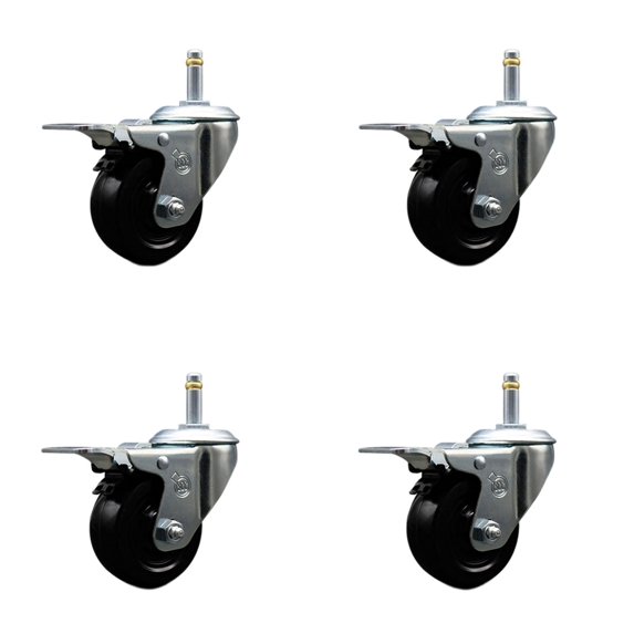 3 Inch Hard Rubber Swivel 7/16 Inch Grip Ring Stem Caster Set Total Lock Brake