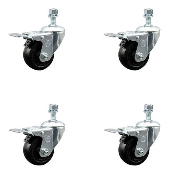 3 Inch Hard Rubber Swivel ½ Inch Threaded Stem Caster Set with Total Lock Brake