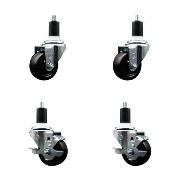 3 Inch Hard Rubber Wheel Swivel 1-1/2 Inch Expand Stem Caster Set 2 Brakes SCC