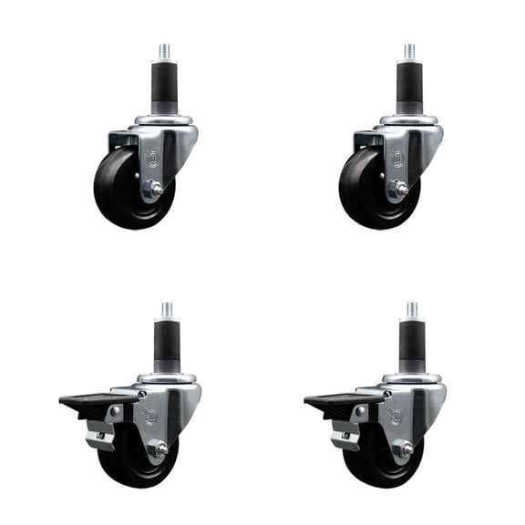 3 Inch Hard Rubber Wheel Swivel 1-1/4 Inch Expand Stem Caster Set 2 Brakes SCC