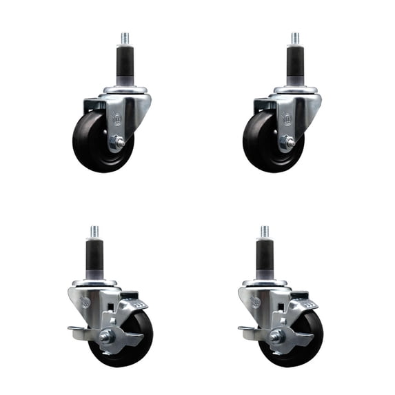 3 Inch Hard Rubber Wheel Swivel 1-1/8 Inch Expand Stem Caster Set 2 Brakes SCC