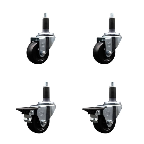 3 Inch Hard Rubber Wheel Swivel 1-1/8 Inch Expand Stem Caster Set 2 Brakes SCC