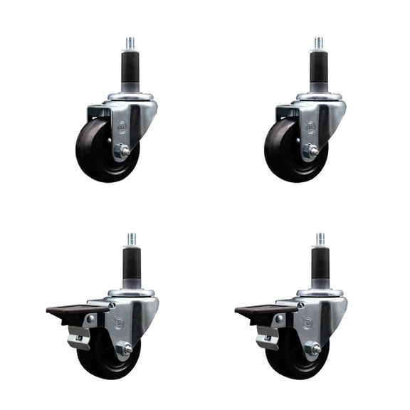 3 Inch Hard Rubber Wheel Swivel 1-1/8 Inch Expand Stem Caster Set 2 Brakes SCC