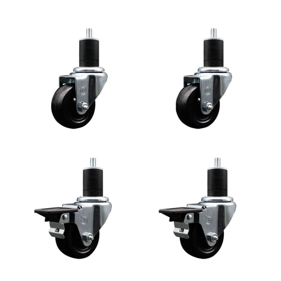 3 Inch Hard Rubber Wheel Swivel 1-3/4 Inch Expand Stem Caster Set 2 Brakes SCC