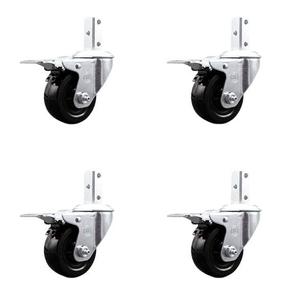 3 Inch Hard Rubber Wheel Swivel 3/4 Inch Square Stem Caster Set Total Lock Brake