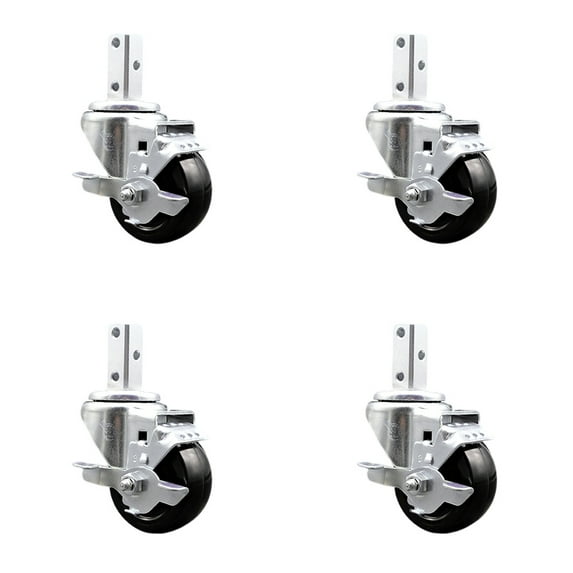 3 Inch Hard Rubber Wheel Swivel 3/4 Inch Square Stem Caster Set with Brake SCC