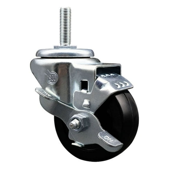 3 Inch Hard Rubber Wheel Swivel 3/4 Inch Threaded Stem Caster with Brake SCC