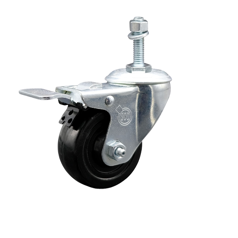 3 Inch Hard Rubber Wheel Swivel 3/8 Inch Threaded Stem Caster Total Lock Brake