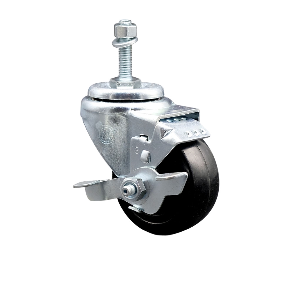 3 Inch Hard Rubber Wheel Swivel 3/8 Inch Threaded Stem Caster with Brake SCC