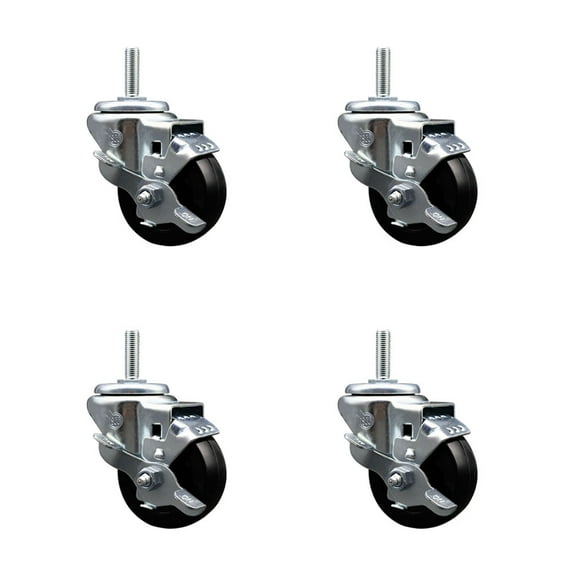 3 Inch Hard Rubber Wheel Swivel 5/8 Inch Threaded Stem Caster Set with Brake SCC