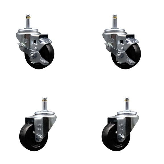 3 Inch Hard Rubber Wheel Swivel 7/16 Inch Grip Ring Stem Caster Set 2 Brakes SCC