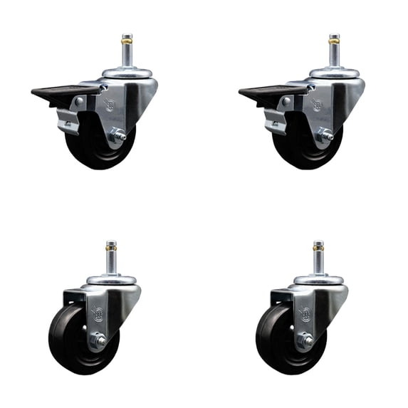 3 Inch Hard Rubber Wheel Swivel 7/16 Inch Grip Ring Stem Caster Set 2 Brakes SCC