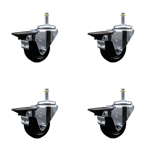 3 Inch Hard Rubber Wheel Swivel 7/16 Inch Grip Ring Stem Caster Set with Brake