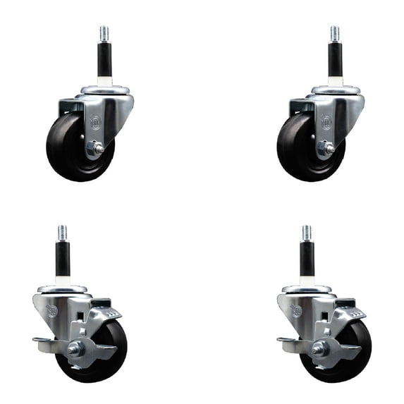 3 Inch Hard Rubber Wheel Swivel 7/8 Inch Expand Stem Caster Set 2 Brakes SCC