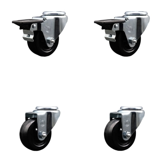 3 Inch Hard Rubber Wheel Swivel Bolt Hole Caster Set with 2 Posi Lock Brakes SCC