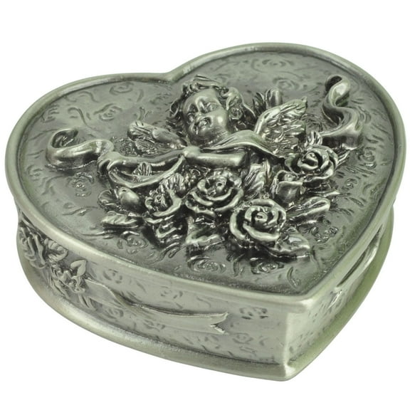 3 Inch Heart Jewelry Pills Box Cherub Roses Cast Metal Pewter Home Office Dcor