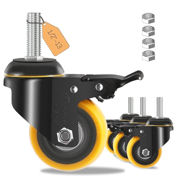 3 Inch Heavy Duty Locking Casters with 1/2"-13 Threaded Stem (Set of 4) - 800 LBS Capacity, PE Wheels with Brake for Shopping Cart, Kitchenware, Furniture, Office Chair