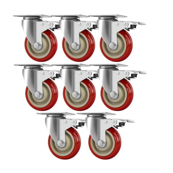 3 Inch Heavy Duty Swivel Casters with Brake – 8 Pack Red PU Wheels, 360° Rotation, Non-Marking, 250 lbs Each – Plate Mount Caster Wheels for Workbench, Cart, Furniture