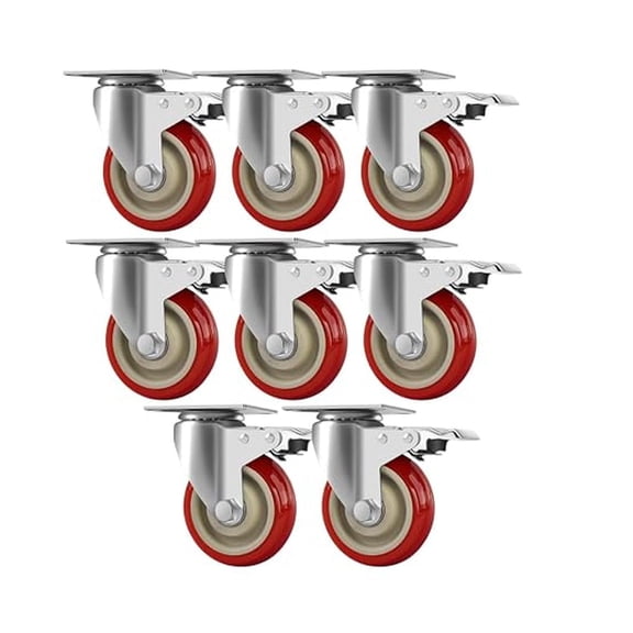3 Inch Heavy Duty Swivel Casters with Brake 8 Pack Red PU Wheels, 360 Rotation, Non-Marking, 250 lbs Each Plate Mount Caster Wheels for Workbench, Cart, Furniture