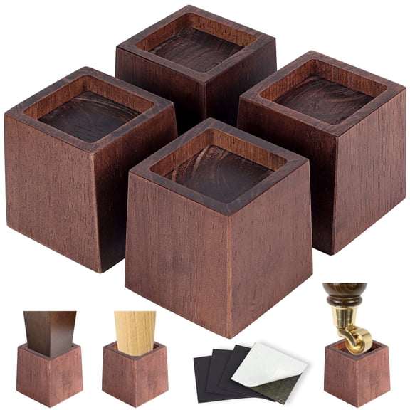 3 Inch Height Heavy Duty Wood Bed Risers – 4 Pack Wood Furniture Risers Extenders for Bed, Sofa&Table, Support Up to 2200lbs, Non-Slip Recessed Hole Furniture Lifts for Storage (Retro Brown Color)