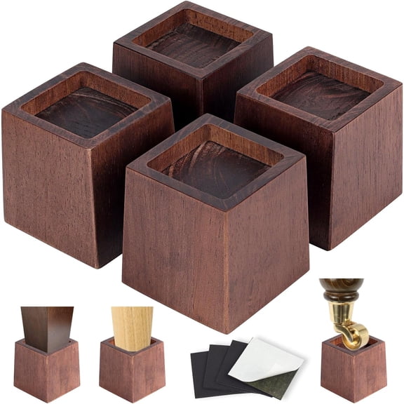 3 Inch Height Heavy Duty Wood Bed Risers  4 Pack Wood Furniture Risers Extenders for Bed, Sofa&Table, Support Up to 2200lbs, Non-Slip Recessed Hole Furniture Lifts for Storage (Retro Brown Color)