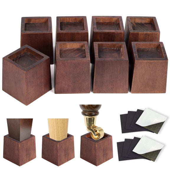 3 Inch Height Heavy Duty Wood Bed Risers – 8 Pack Wood Furniture Risers Extenders for Bed, Sofa&Table, Support Up to 2200lbs, Non-Slip Recessed Hole Furniture Lifts for Storage (Retro Brown Color)
