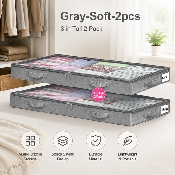 3-Inch High Under Bed Storage Containers, Foldable Low Profile Bins with Lid & Zipper, Shallow Space Saver for Clothes, Toys, and Organizing, 2-Pack, Gray