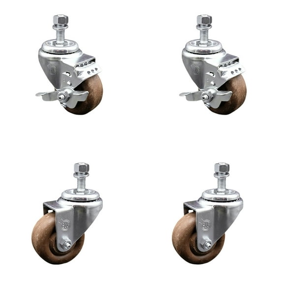 3 Inch High Temp Glass Filled Nylon 12mm Threaded Stem Caster Set 2 Brakes SCC