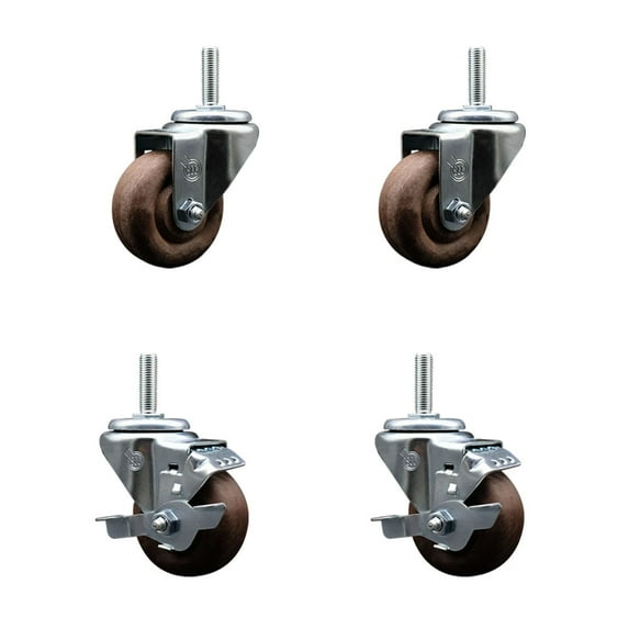 3 Inch High Temp Glass Filled Nylon 5/8 Inch Threaded Stem Caster Set 2 Brakes