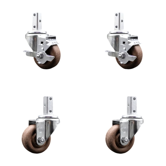 3 Inch High Temp Glass Filled Nylon 7/8 Inch Square Stem Caster Set 2 Brakes SCC
