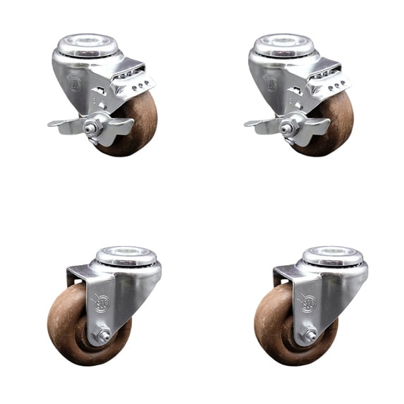 3 Inch High Temp Glass Filled Nylon Swivel Bolt Hole Caster Set with 2 Brakes