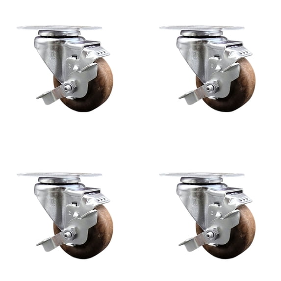 3 Inch High Temp Glass Filled Nylon Wheel Swivel Top Plate Caster Set with Brake