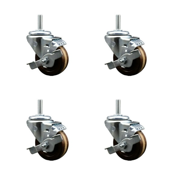 3 Inch High Temp Phenolic 3/4 Inch Threaded Stem Caster Set with Brake
