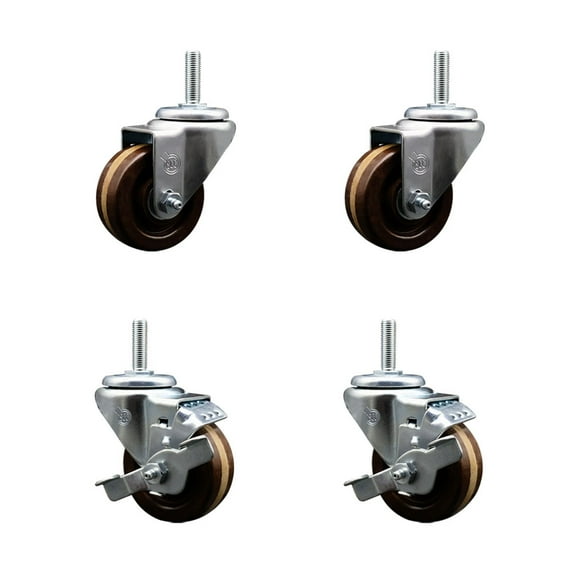 3 Inch High Temp Phenolic 5/8 Inch Threaded Stem Caster Set 2 Brakes SCC