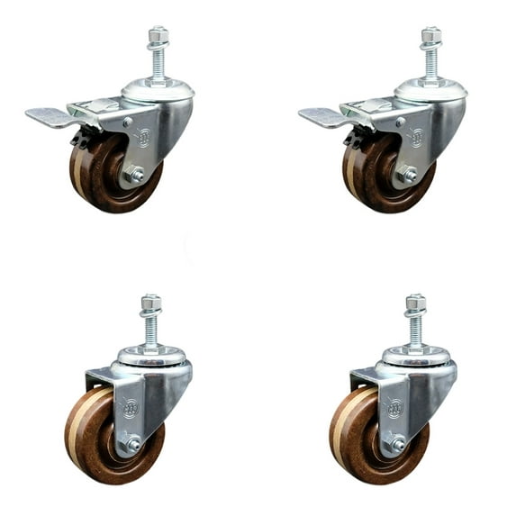 3 Inch High Temp Phenolic Swivel 10mm Stem Caster Set 2 Total Lock Brake SCC