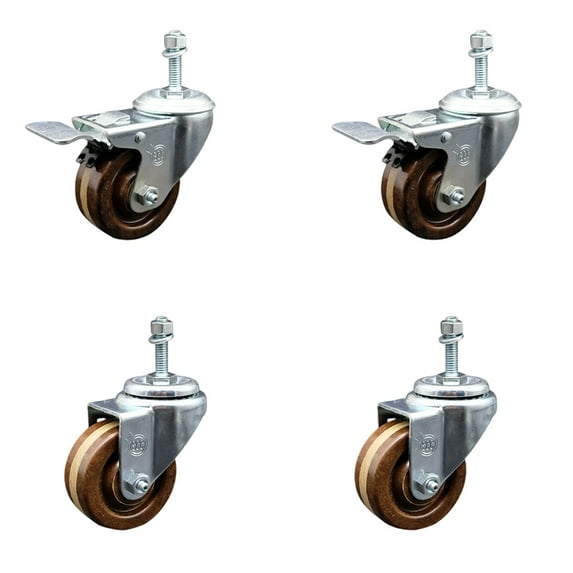 3 Inch High Temp Phenolic Swivel 3/8 Inch Stem Caster Set 2 Total Lock Brake SCC