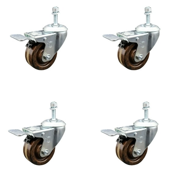 3 Inch High Temp Phenolic Swivel 3/8 Inch Stem Caster Set with Total Lock Brake