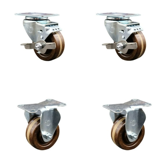 3 Inch High Temp Phenolic Swivel Top Plate Caster Set with 2 Brakes 2 Rigid SCC