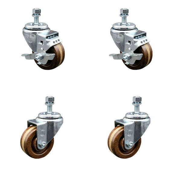 3 Inch High Temp Phenolic Wheel Swivel ½ Inch Threaded Stem Caster Set 2 Brakes