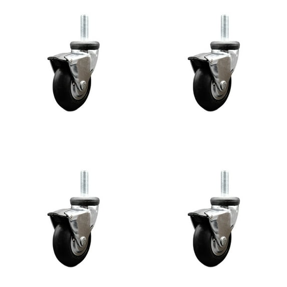3 Inch Hooded Neoprene Rubber 3/8 Inch Threaded Stem Casters with Brakes Set 4
