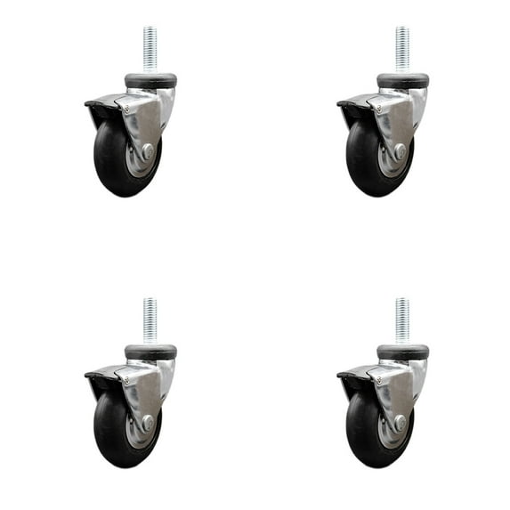 3 Inch Hooded Neoprene Rubber 5/16 Inch Threaded Stem Casters with Brakes Set 4