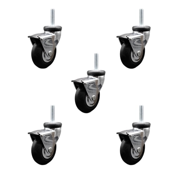 3 Inch Hooded Neoprene Rubber 8mm Threaded Stem Casters with Brakes Set 5 SCC