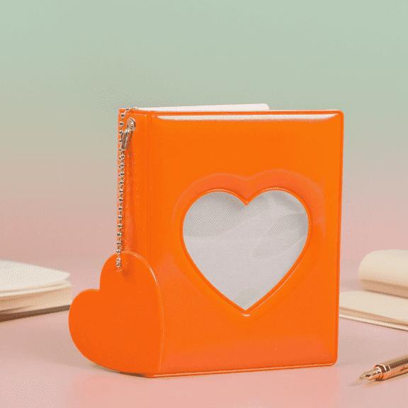 3-Inch Kpop Photocard Binder Book, Portable Mini Photo Album with Mirror-Like Photocard Heart Pendant Ring Binder,Orange