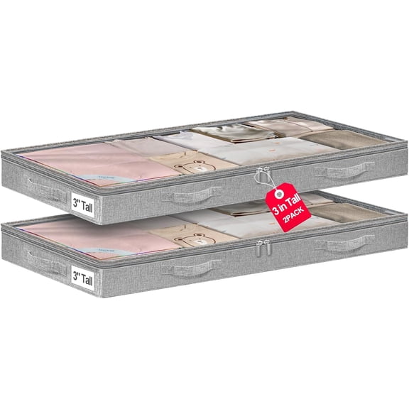 3 Inch Low Profile Under Bed Storage Bins with NO STURCTURE Design, Shallow Clothes Bags Clear Lids & Waterproof Fabric - Fits Sofa, Couch, Dorm, or College Beds40x20x3inchGrey