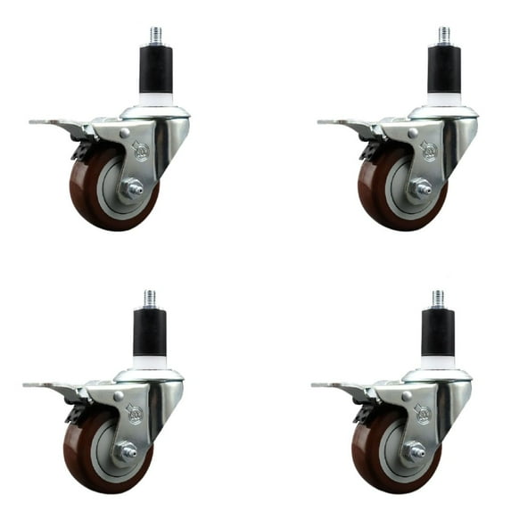 3 Inch Maroon Poly Swivel 1-1/2 Inch Expanding Stem Caster Set Total Lock Brake
