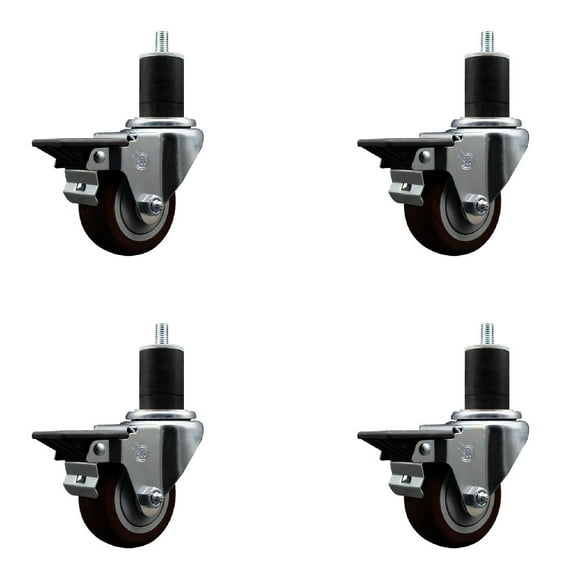 3 Inch Maroon Poly Swivel 1-3/4 Inch Expanding Stem Caster Set with Brake SCC