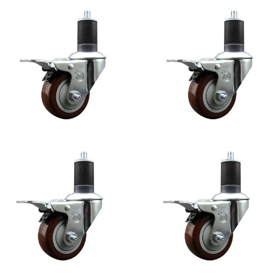 3 Inch Maroon Poly Swivel 1-5/8 Inch Expanding Stem Caster Set Total Lock Brake
