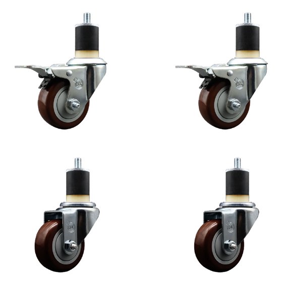 3 Inch Maroon Poly Swivel 1-7/8 Inch Expanding Stem Caster Set 2 Brakes